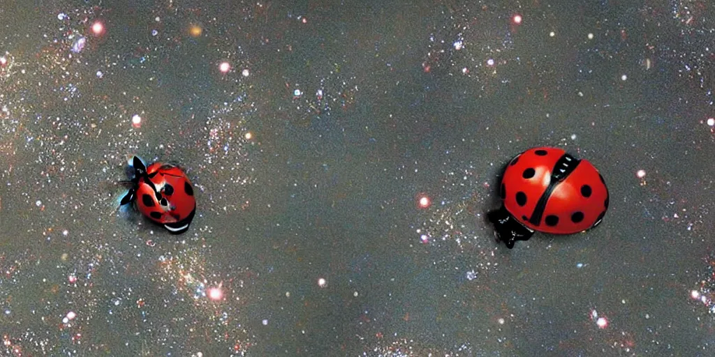 Image similar to a 3 d rendered movie still from a distance of 3 0 m of a ladybug 1 million years from now. the ladybug is sentient, wears tiny spacesuit, and conquered space exploration in a tiny space ship. science fiction blockbuster movie ladybugs rule the world, imax 7 0 mm. bladerunner.