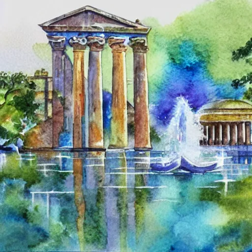 Prompt: Fantasy city with a flooded area, fountain, aqueduct, ancient Greek temple, marble estates. In colorful watercolor style.