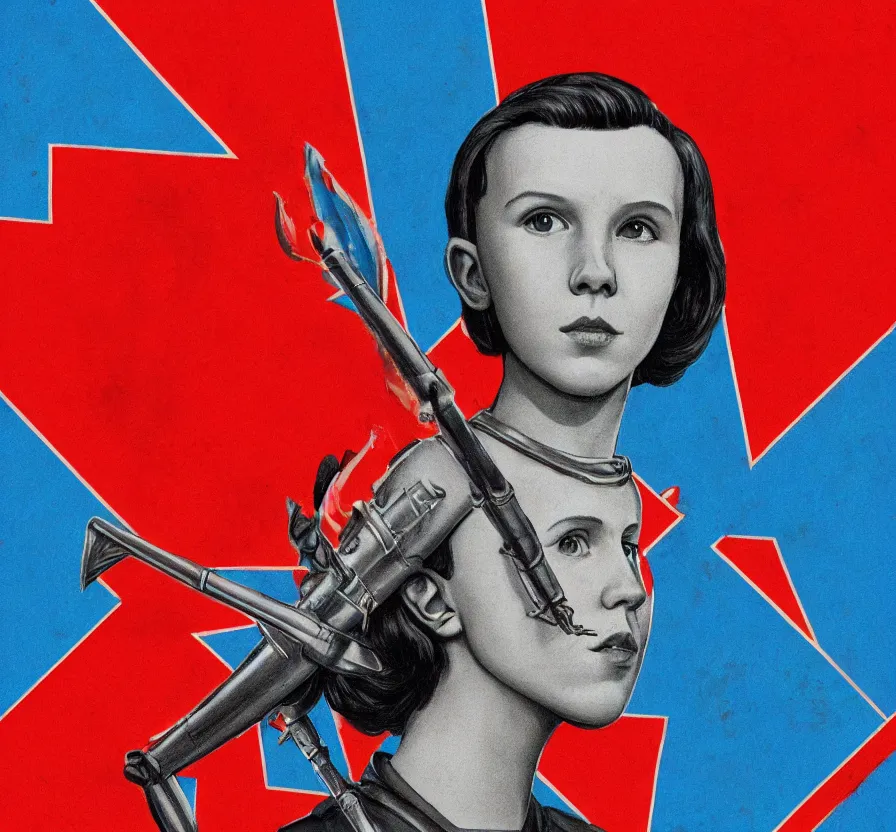 Image similar to millie bobby brown, urss flag, propaganda, poster, revolution, communist, high detail, year 1 9 4 4, russian letters, lenin, trending on artstation, illustration, film still, hammer and sickle