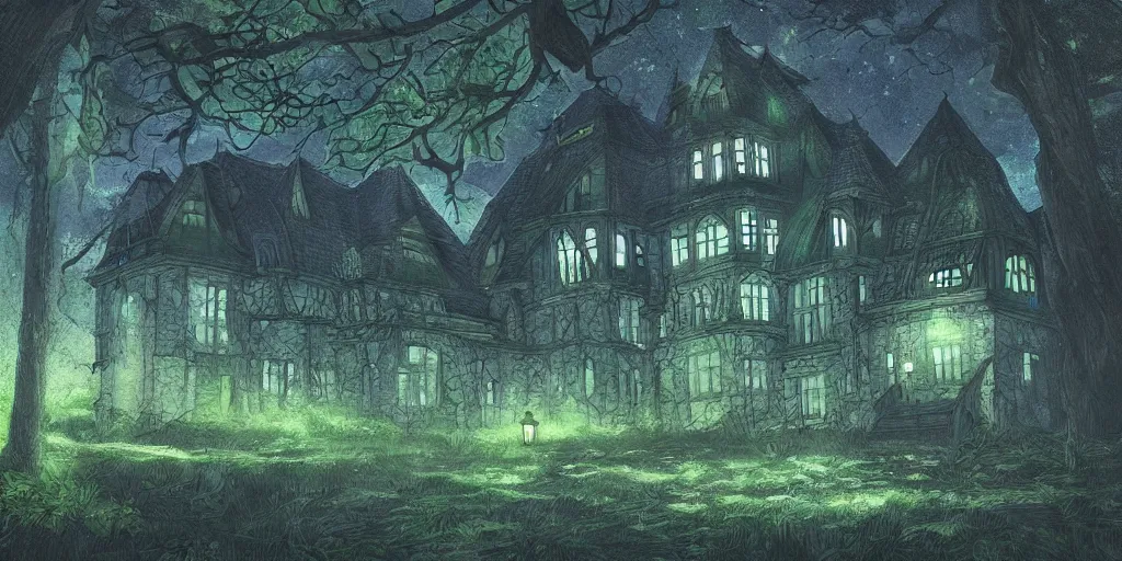 Prompt: manor in the middle of the forest, at night, medieval!!!!, green, dark blue!!!!, bright, artstation, detailled, manga!!!, fantasy!!!!!!