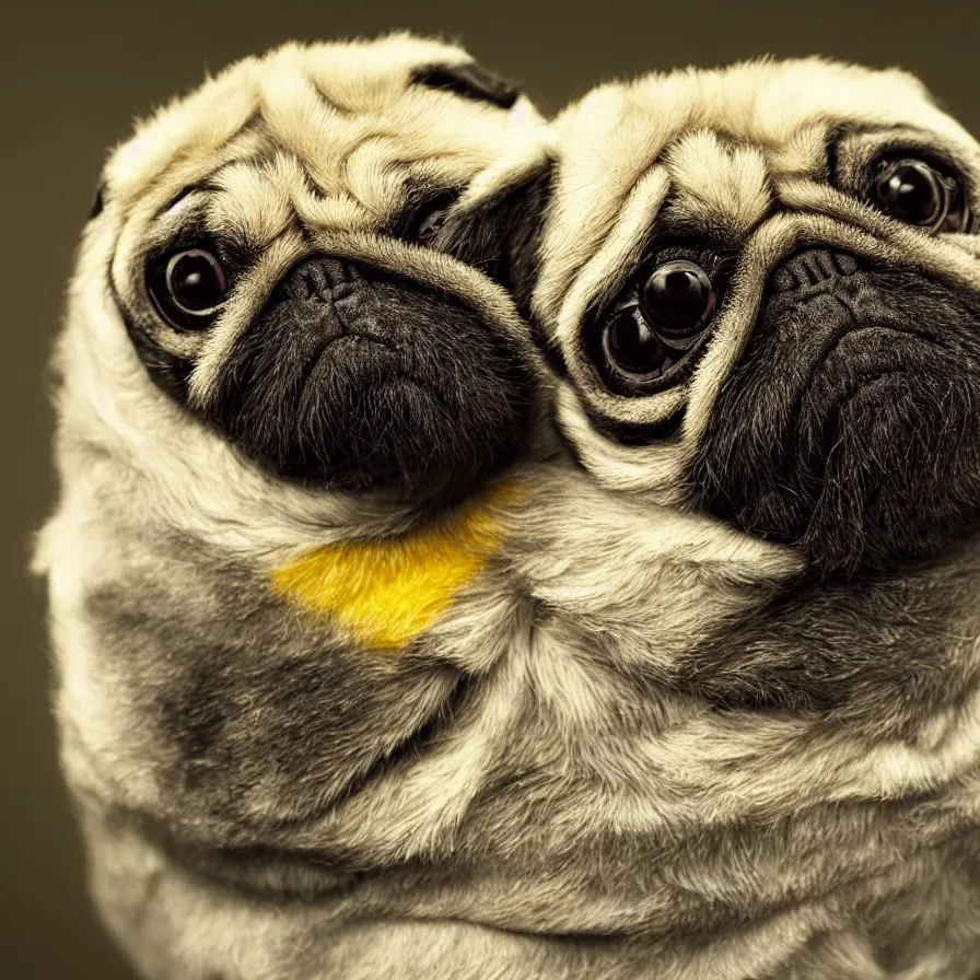 Image similar to bumblebee pug, soft and fluffy, macro photography, high resolution photo, cinematic lighting, beehive interior backgrounds, there is only one bumblepug!!!!!!!!, solo subject!!, trending on artstation, no ( ( ( ( ( ( ( two headed ) ) ) ) ) ) )