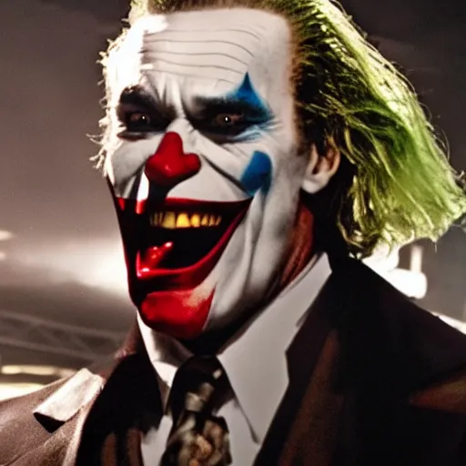 Image similar to awe inspiring Arnold Schwarzenegger playing The Joker 8k HDR movie still amazing lighting