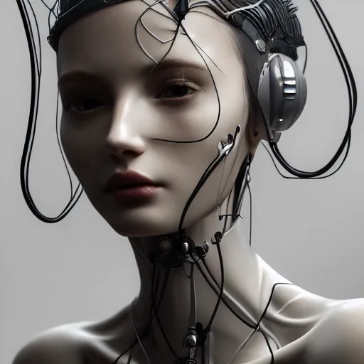 Image similar to closeup portrait of an absurdly beautiful, graceful, sophisticated, fashionable cyberpunk mechanoid gravure idol, an ultrafine hyperdetailed illustration by irakli nadar, matt wisniewski style, fashion photography, intricate linework, porcelain skin, jellyfish headset, unreal engine 5 highly rendered, global illumination, radiant light, detailed and intricate environment