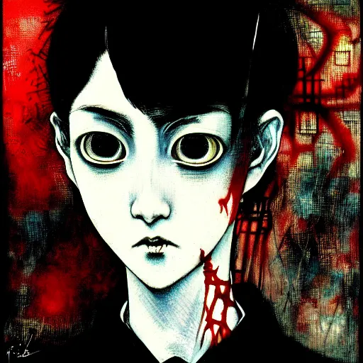 Image similar to yoshitaka amano blurred and dreamy realistic three quarter angle horror portrait of a sinister young woman with short hair, horns and red eyes wearing office suit with tie, junji ito abstract patterns in the background, satoshi kon anime, noisy film grain effect, highly detailed, renaissance oil painting, weird portrait angle, blurred lost edges