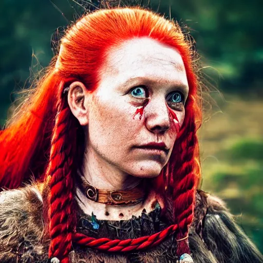 Prompt: Viking woman tribal, red hair,, photograph, national geographic, award winning.