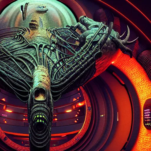 Image similar to Prometheus hibernation capsule biological sci-fi environment set close-up, hibernation capsule close-up, in a nightmarish universe of odd forms and somber tapestry, HR Giger and Vincent Di Fate, vivid color scheme, featured in artstation, octane render, cinematic, elegant, intricate, 8k