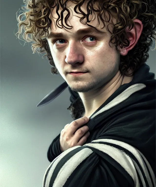 Prompt: a detailed fifty mm portrait of meriadoc brandybuck as a hobbit in a black adidas track suit with white stripes, headshot, highly detailed, digital painting, artstation, concept art, sharp focus, cinematic lighting, illustration, art by met mangindaan, artgerm and greg rutkowski, alphonse mucha, cgsociety