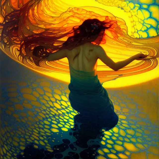 Prompt: mind bending indigo waves of glossy psychedelic liquid honey flowing like kaleidoscopic translucent amber, lsd waves, honey ripples, dramatic professional sunset, refracted lighting, art by collier, albert aublet, krenz cushart, artem demura, alphonse mucha