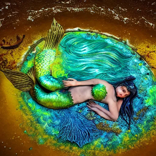 Image similar to a sad mermaid covered in toxic glowing sludge, wildlife photography, ultra realistic, intricate details, highly detailed, photorealistic, 8 k