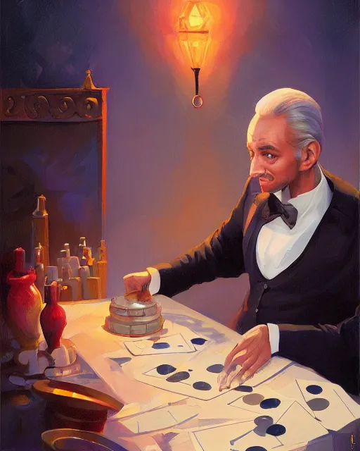 Prompt: a magician's portrait by ray swanland and rhads