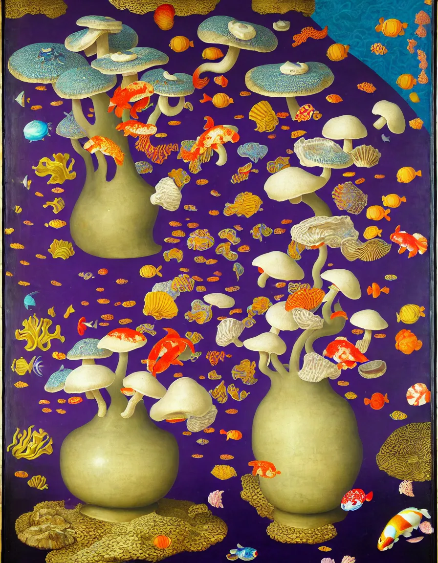 Image similar to vase of mushroom in the sky and under the sea decorated with a dense field of stylized scrolls that have opaque purple outlines, with colorful shells and koi fishes, ambrosius benson, oil on canvas, hyperrealism, light color, no hard shadow, around the edges there are no objects