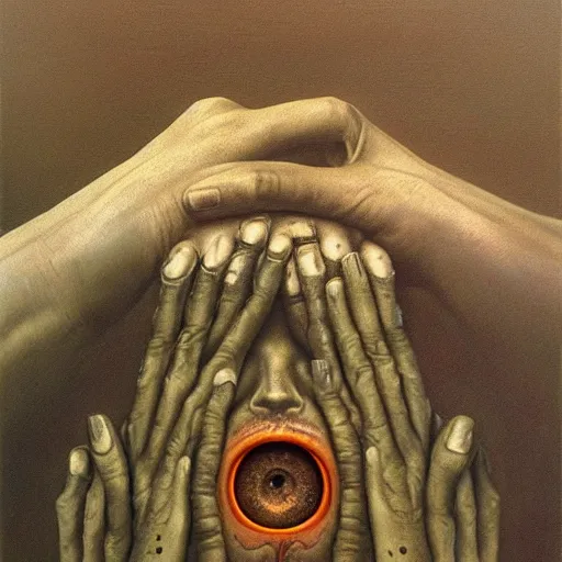 Image similar to Two hands holding a head with only one big eye by Zdzislaw Beksinski, Jeffrey Smith and H.R. Giger, oil on canvas, 8k highly professionally detailed, trending on artstation