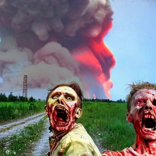 Image similar to selfie of a ukrainian screaming in pain and terrible injuries from a nuclear explosion, everything is on fire and radiation, in the background people look like zombies corpses and chocklets, a large nuclear explosion in the background