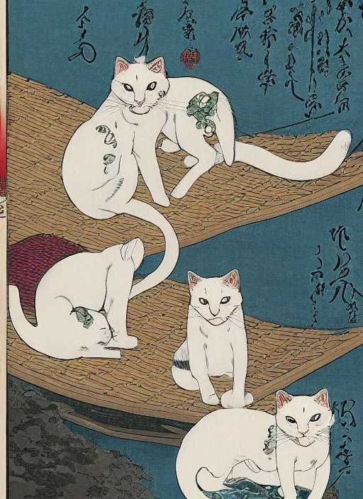 Image similar to whitecat with 2 baby white cats of utagawa hiroshige, digital painting 4 k uhd image, highly detailed