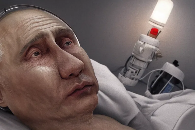 Image similar to hyperrealistic oil painting of very ill Vladimir Putin as a patient wearing an oxygen mask on a death bed inhaling from Copium tank that stand near his bed, detailed face, artstation, matte painting, highly detailed, intricate, concept art, dramatic cinematic lighting, octane render, 8k, unreal engine