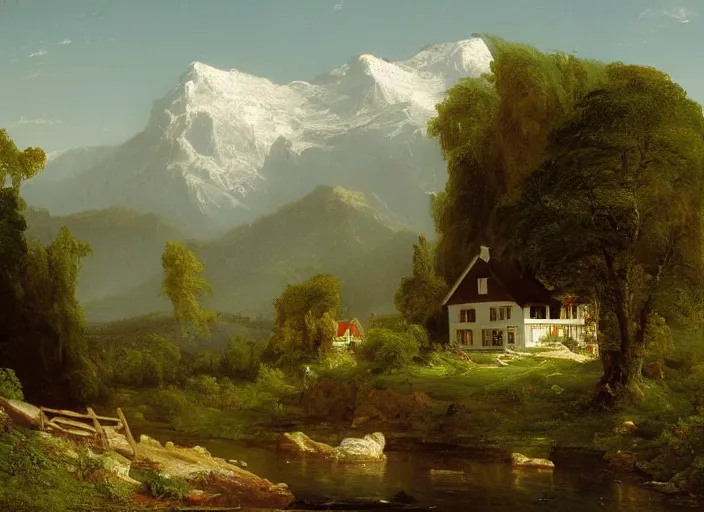 Image similar to painting of a william krisel house in front of mountains by thomas cole