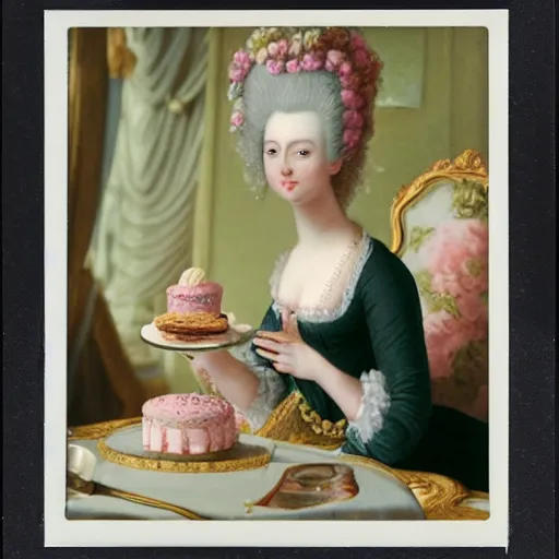 Image similar to a Polaroid of Marie Antoinette eating cake at Versailles Palace 1792, photorealistic