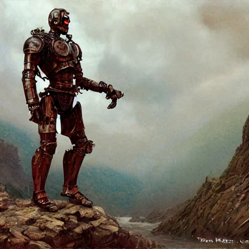 Prompt: full body rusty black steel single titan colossus terminator T-800 red eyed in pacing through valley, crossing the river, mountain valley to smoking fortress afar, breastplate armour, wires, machine gun, artillery, muscular torso, fine art, cinematic, artstation, matte painting, masterpiece by vasnetsov and surikov, JEAN-VICTOR BERTIN, by Terence Cuneo