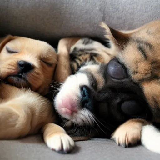 Image similar to puppies and kittens taking a nap together