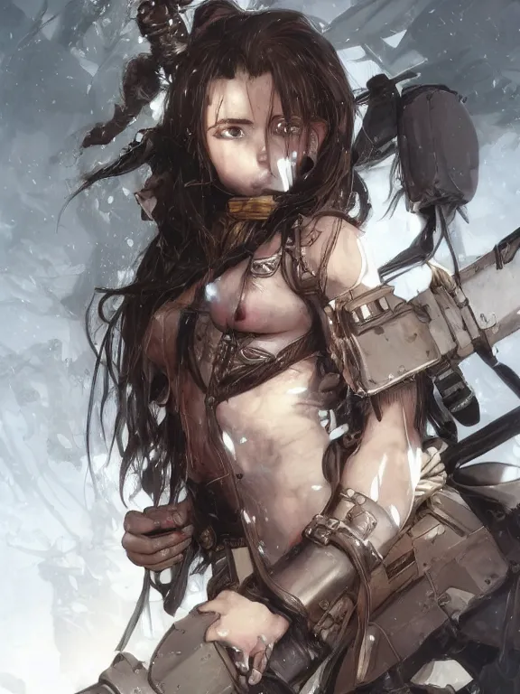 Image similar to close up picture of a uniformed berserker girl with technical devices looking at the camera, cynical, bored, beautiful and aesthetic, intricate, unreal engine, messy hair, highly detailed, detailed face, smooth, sharp focus, chiaroscuro, manga illustration, artgerm, greg rutkowski, alphonse mucha, young adult light novel cover art