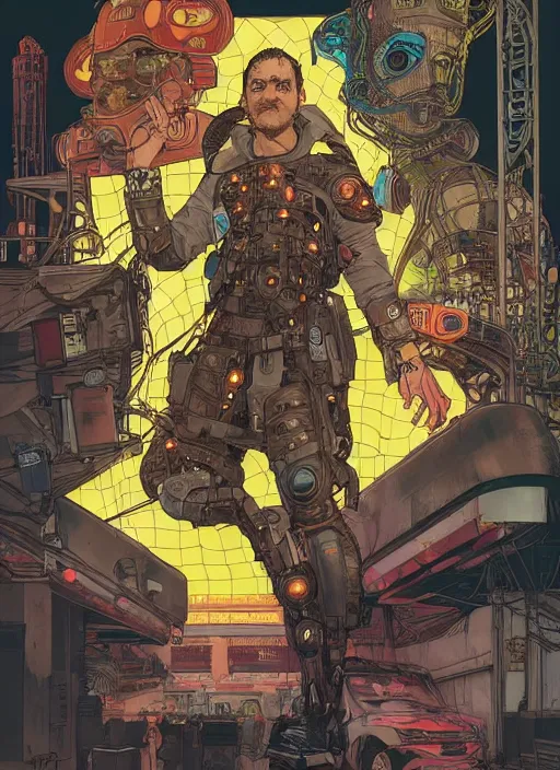 Image similar to cyberpunk hot dog salesman. portrait by ashley wood and alphonse mucha and laurie greasley and josan gonzalez and james gurney. splinter cell, apex legends, rb 6 s, hl 2, d & d, cyberpunk 2 0 7 7. realistic face. character clothing. vivid color. dystopian setting.