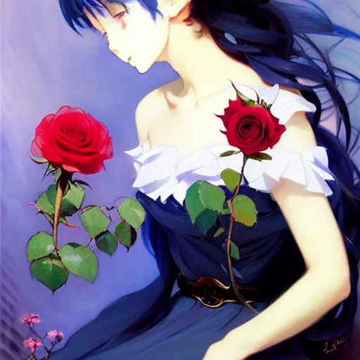 Prompt: beautiful rose anime blue - hair girl in elegent black dress, laying on roses, krenz cushart, mucha, ghibli, by joaquin sorolla rhads leyendecker, by ohara koson