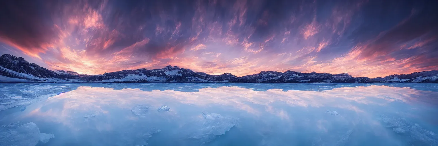 Image similar to amazing landscape photo of A (gigantic) monster trapped under the ice transparent frozen lake at sunset by marc adamus beautiful dramatic lighting