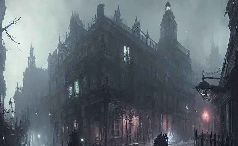 Image similar to Victorian city streets night, bloodborne, Greg Rutkowski, digital art, artstation