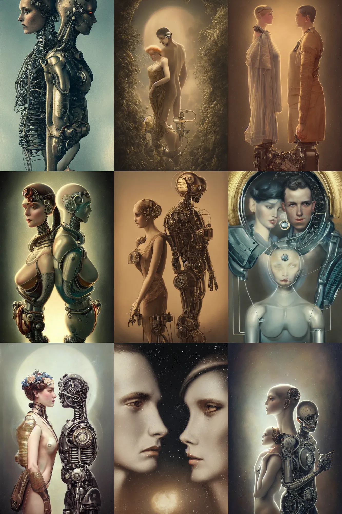 Prompt: a beautiful ultradetailed vintage photo of two cyborgs facing away from each other, by tom bagshaw and anna dittman, couples portrait, vignette, 35mm lens, golden ratio composition, detailed faces, studio photography, very detailed, humanoids, industrial robots, artstation, 8k, highly coherent