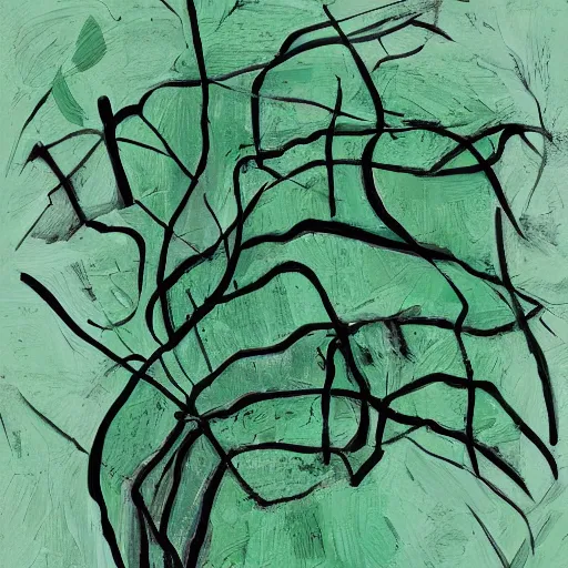 Image similar to an abstract painting of a dark plant sprawling out across a mint green background