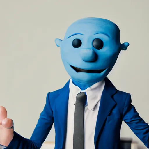 Image similar to professional portrait of an anthropomorphic cute blue clay man wearing a suit in an office, 8k, dslr, cinematic,