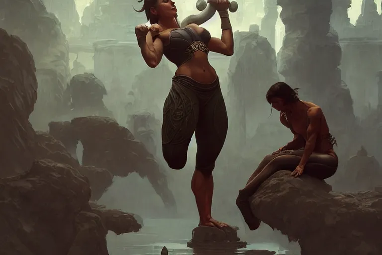 Image similar to sloth lifting weights, dim dingy gym, powerful energetic dynamic pose, fantasy, intricate, elegant, highly detailed, digital painting, artstation, concept art, matte, sharp focus, illustration, art by artgerm and greg rutkowski and alphonse mucha