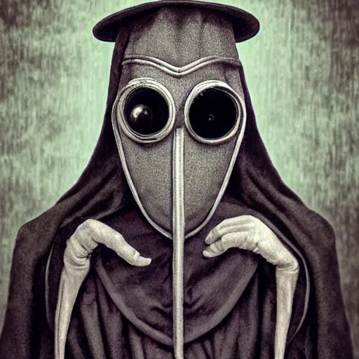 Image similar to teenage plague doctor prom photo. extremely lush lifelike detail. award - winning digital art by ansel adams, alan lowmax, steichen. surreal scientific photoillustration, masterpiece, artstation, shutterstock polycount contest winner, biomorphic. child larva plague doctor