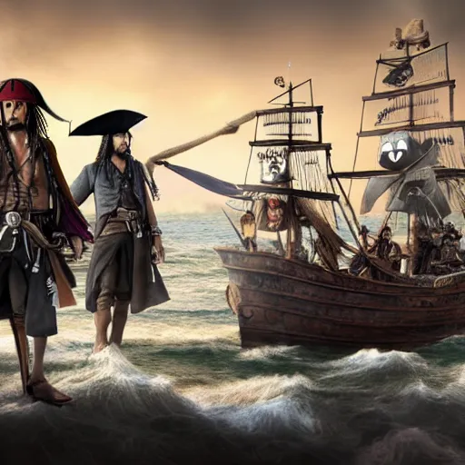Prompt: the strawhat pirates facing off against jack sparrow, 4 k, matte painting
