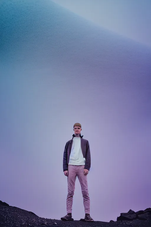 Prompt: high quality pastel coloured film mid angle selfie photograph of a young beautiful man standing in an icelandic black rock environment. atmospheric. three point light. photographic. art directed. ( pastel colours ). volumetric light. stark. waves glitch. 8 k. filmic.