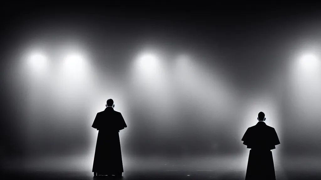 Image similar to a priest stands on a podium in front of a crowd on the street, fog, volumetric lighting, mystique, atmospheric, sharp focus, ultra detailed, noir art house, 4 k, cinematic, 3 5 mm