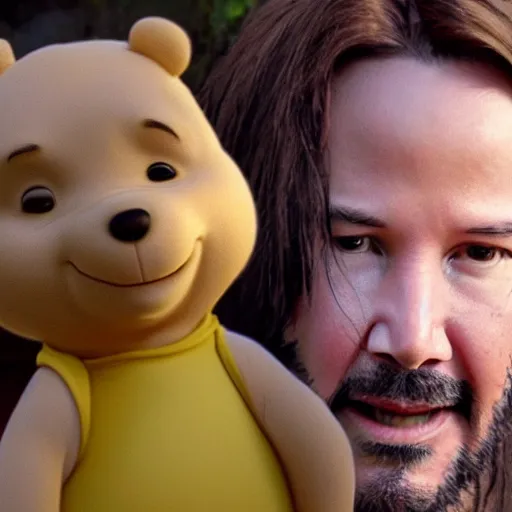 Image similar to A still of Keanu Reeves as Winnie the Pooh