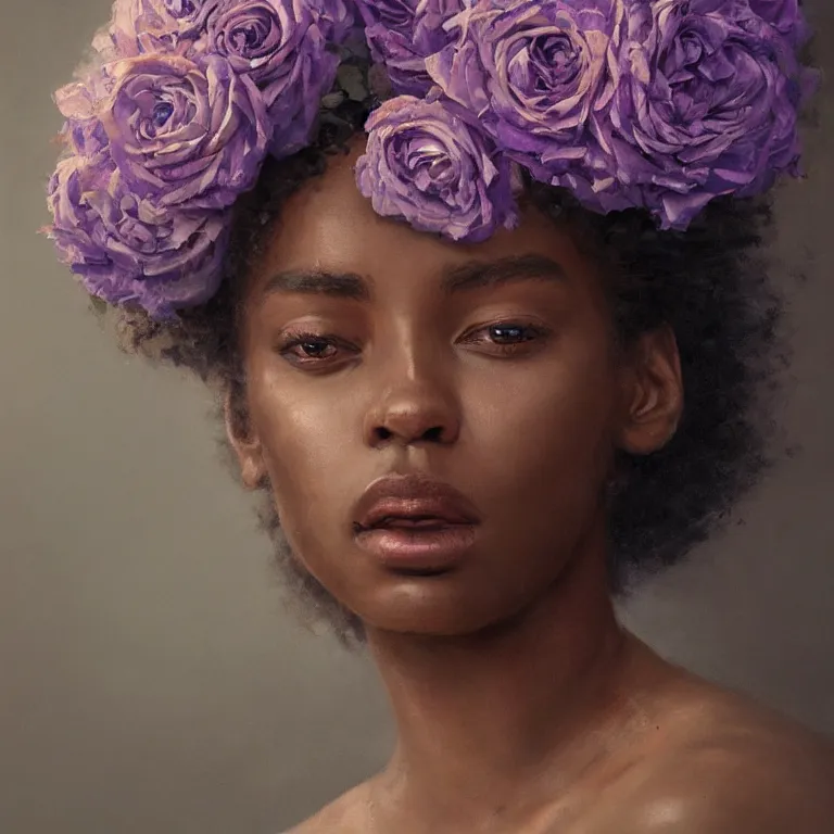 Prompt: portrait of a lavender and rose floral - head black woman by greg rutkowski, hyper detailed painting, distance, centered, hd, hq, high resolution, high detail, 4 k, 8 k