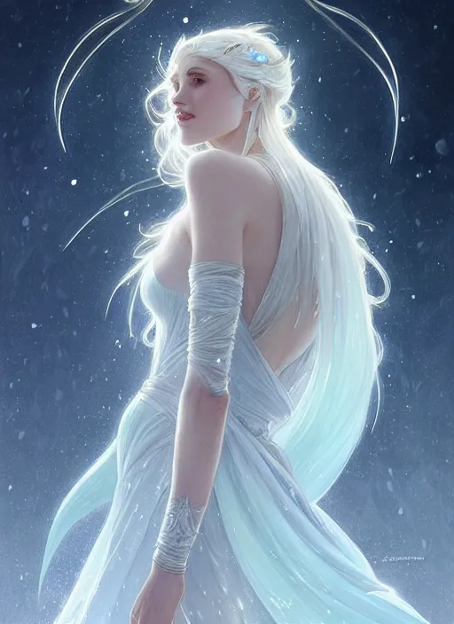 Image similar to a beautiful cinematic female winter goddess, cristal dress, ice wing, galatic shamen with quantum energy fantasy, fantasy magic, undercut hairstyle, dark light night, intricate, elegant, sharp focus, illustration, highly detailed, digital painting, concept art, matte, art by wlop and artgerm and greg rutkowski and alphonse mucha, masterpiece