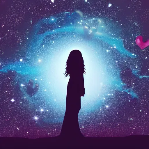 Image similar to a silhouette of a long haired woman, outer space, hearts, album art,