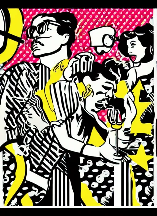 Prompt: Party poster illustration: Moustache, 40th birthday, 70s disco, jumpsuits, bicycle, Egypt in the style of Roy Lichtenstein