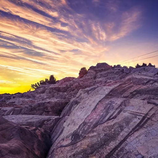 Image similar to bottom-up view from a huge deep multicoloured rock quarry in the evening light ultra detailed by National Geographic style, golden hour, atmospheric lighting, 8k resolution, best color graded, vray beautiful, hyper-realistic render W 1080 H 1080