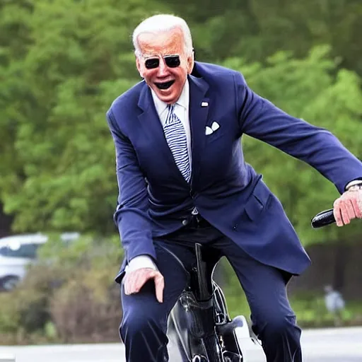 Prompt: full body shot ultra realistic photo of joe biden falling off of his bike, film, perfect face, in the style of a candid photo, perfect face