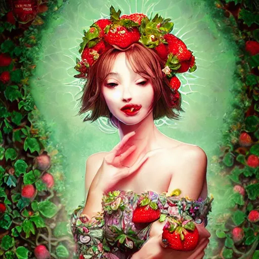 Image similar to the portrait of an absurdly beautiful, graceful, elegant, chaste, young woman made of strawberries and green petals smiling, an ultrafine detailed illustration by kim jung gi, irakli nadar, intricate linework, bright colors, octopath traveler, final fantasy, angular, unreal engine 5 highly rendered, global illumination, radiant light, detailed and intricate environment