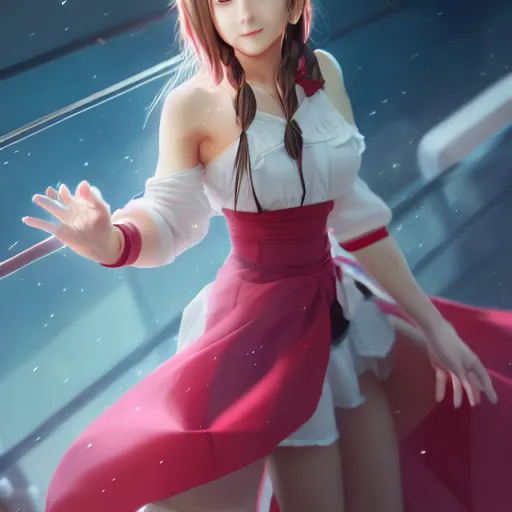 Prompt: full body shot of aerith ff7 by wlop, rossdraws, mingchen shen, bangkuart, sakimichan, yan gisuka, jeongseok lee, artstation, 4k