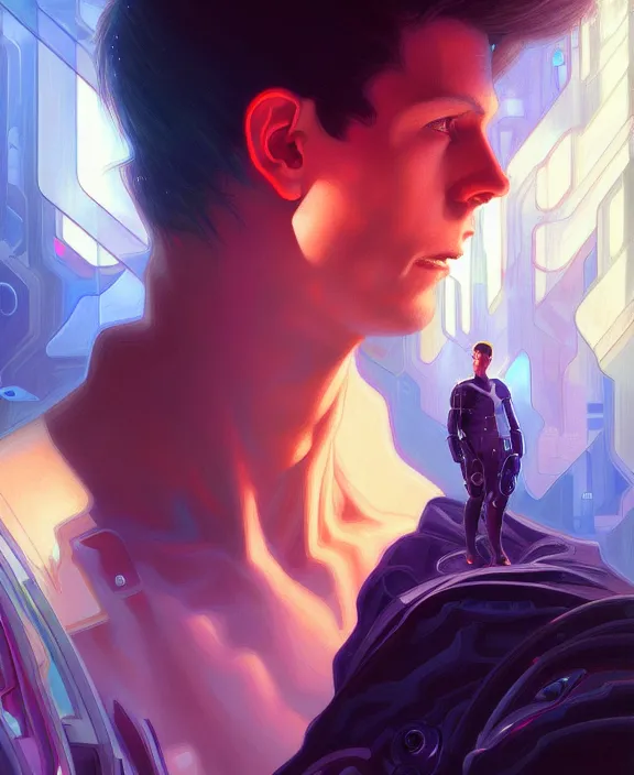 Image similar to a whirlwind inside the metaverse, guy, male, man, hologram, half body, neurochip, android, cyborg, cyberpunk face, by loish, d & d, fantasy, intricate, elegant, highly detailed, colorful, digital painting, artstation, concept art, art by artgerm and greg rutkowski and alphonse mucha