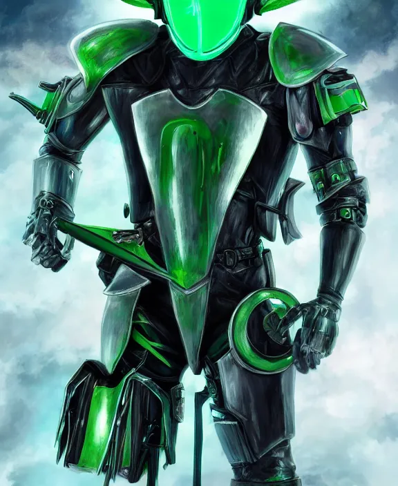 Image similar to an anime full body portrait of a masked cyborg warrior with jade green armour and a futuristic helmet with a neon jade visor by HR Giger, 4k resolution, detailed