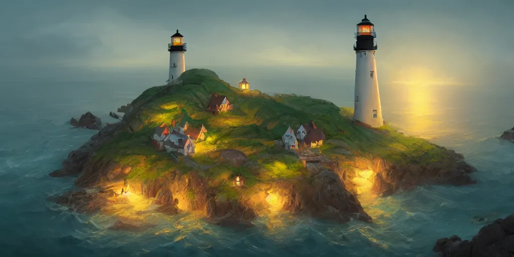 Prompt: Very small fantasy village on a cape with a lighthouse shining with green light, fishing boats, view from above. In style of Greg Rutkowski, Jesper Ejsing, Makoto Shinkai, trending on ArtStation, fantasy, great composition, concept art, highly detailed, scenery, 8K, Behance.