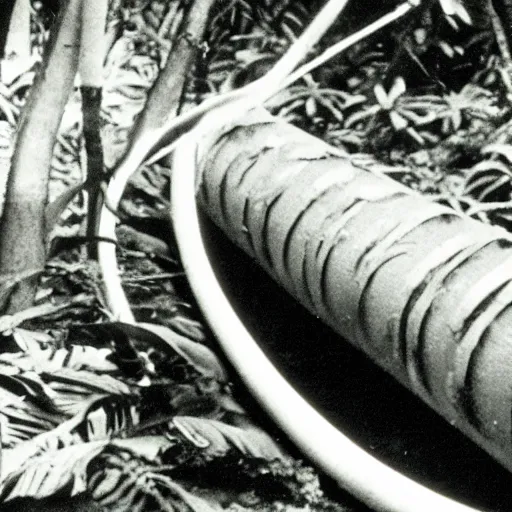 Image similar to a rizom lost film footage of a tube in the middle of the tropical jungle / tropicalism / tropicalism / tropicalism / film still / cinematic / enhanced / 1 9 2 0 s / black and white / grain