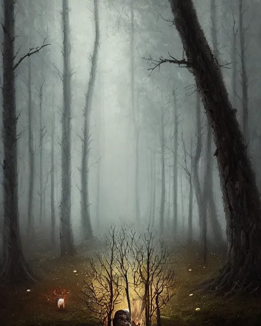 Image similar to oil painting of forest spirit made out of wooden sticks with a deer skull for a face, dark forest, fog, dark fantasy, gloomy, pale colors, by greg rutkowski